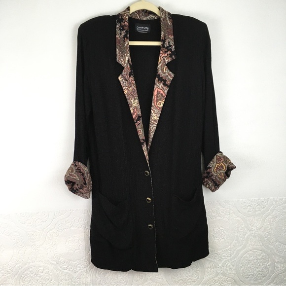 Vintage Carole Little black boyfriend blazer paisley cuffs and collar lapel - Picture 2 of 13